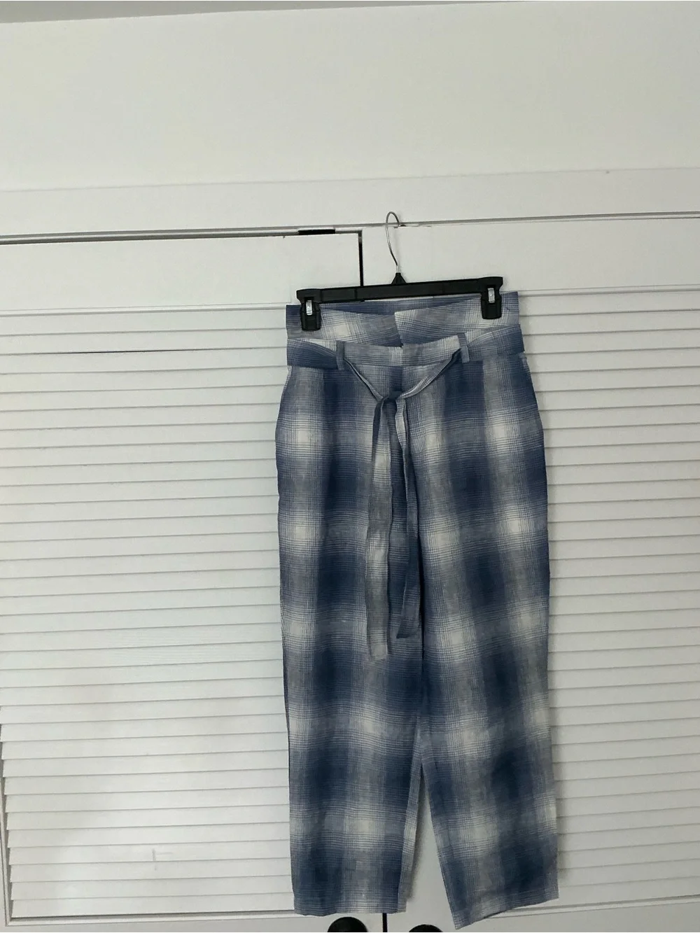 Reformation Blue Plaid High-Waist Paperbag Trousers 100% linen plaid resort wear